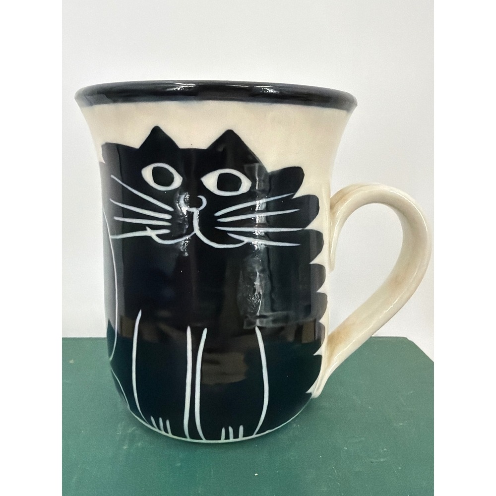 Karen Donleavy Studio Pottery Black Cat Mug San Francisco Artist Signed KD